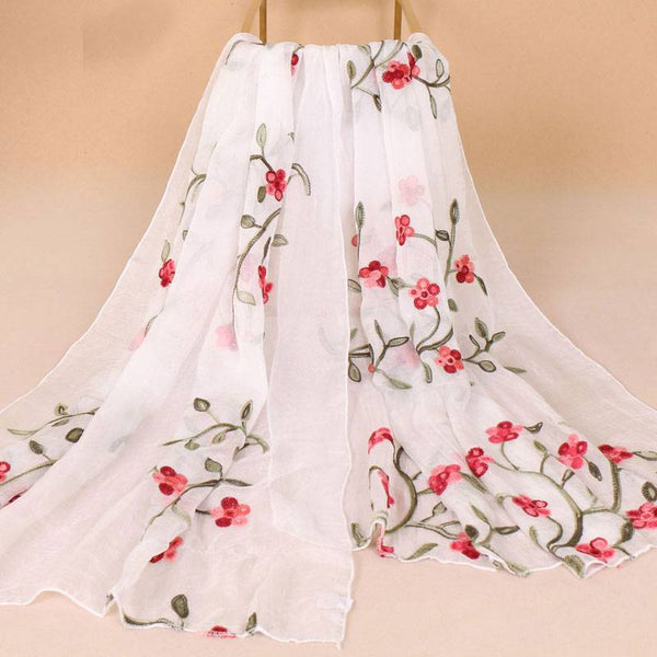 Contrast Flower Embroidered Sweet Girl Chiffon Scarf