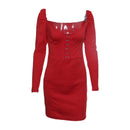 Hot Sale Women Deep V Neck Long-sleeve Metal Button Tight Dress