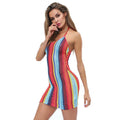 Hot Sale Women V Neck Sleeveless Multicolor Stripe Printed Tight Dress