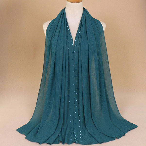 Fashion Simple Imitation Pearl Design Women Pleated Plain Scarf