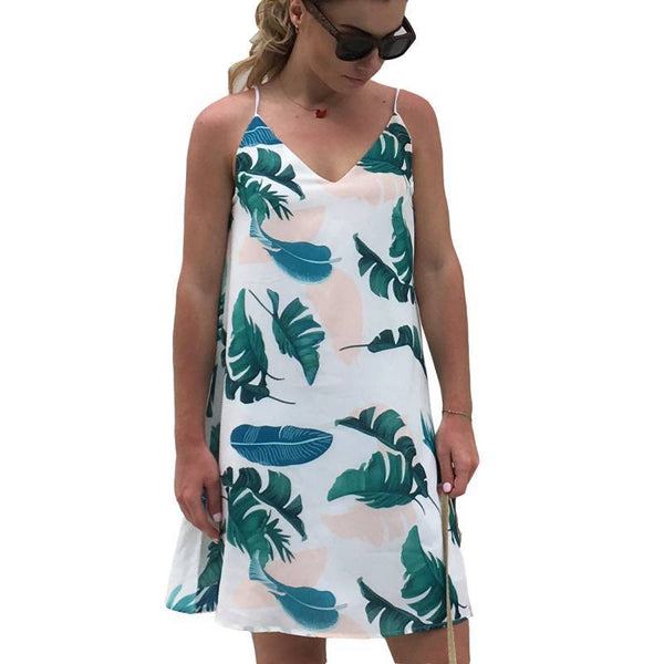 Women Fashion V Neck Leaves Print A-line Slip Dress