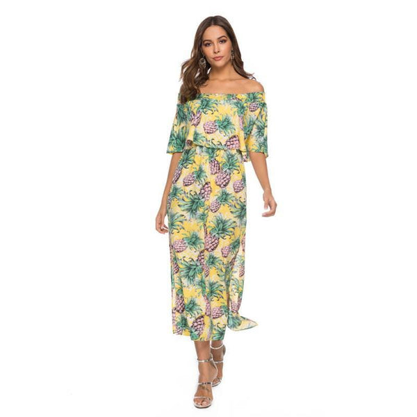 Women Bohemian Chiffon Off-shoulder Floral Print Side-slit Dress