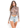 Hot Sale Women Leopard Printed Turtle Neck Long-sleeve Crop Top