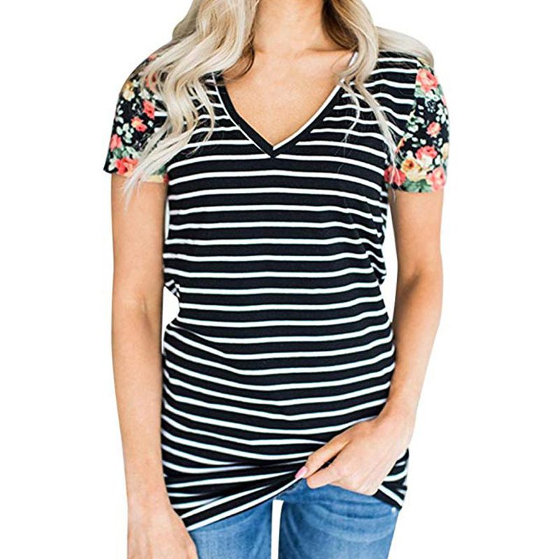 Hot Sale Women Casual V Neck Short-sleeve Stripe Printed T-shirt