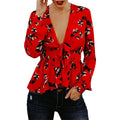 Women Deep V Neck Flounce Long-sleeve Floral Print Blouse