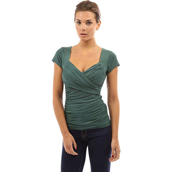 High Quality Women V Neck Surplice Short-sleeve Cotton Top
