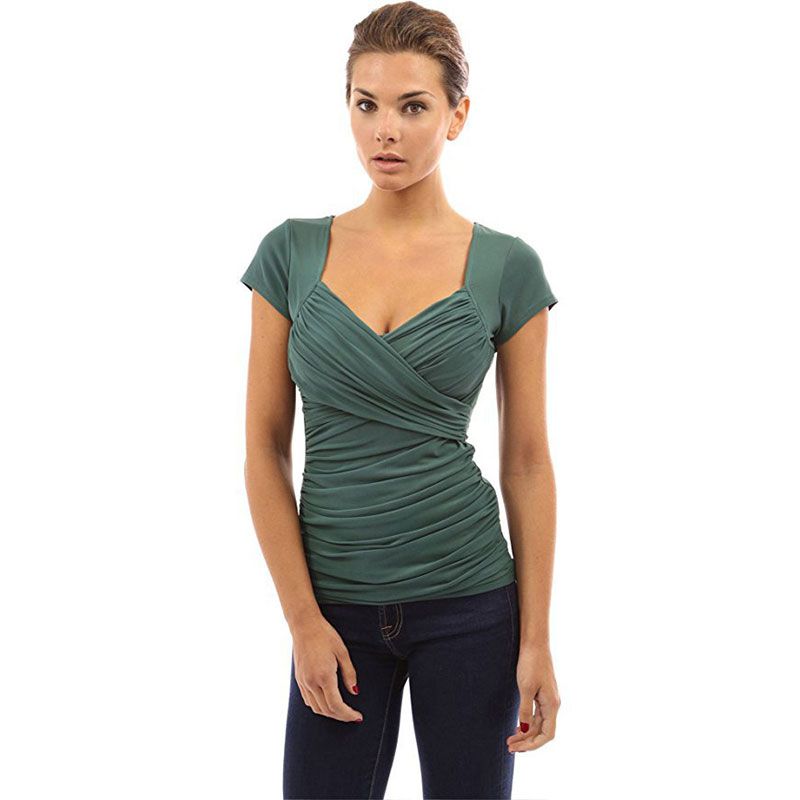 High Quality Women V Neck Surplice Short-sleeve Cotton Top