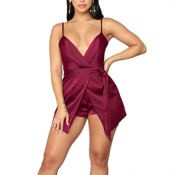 Burgundy Sexy Women Spaghetti Strap Overlap Sash Irregular Rompers