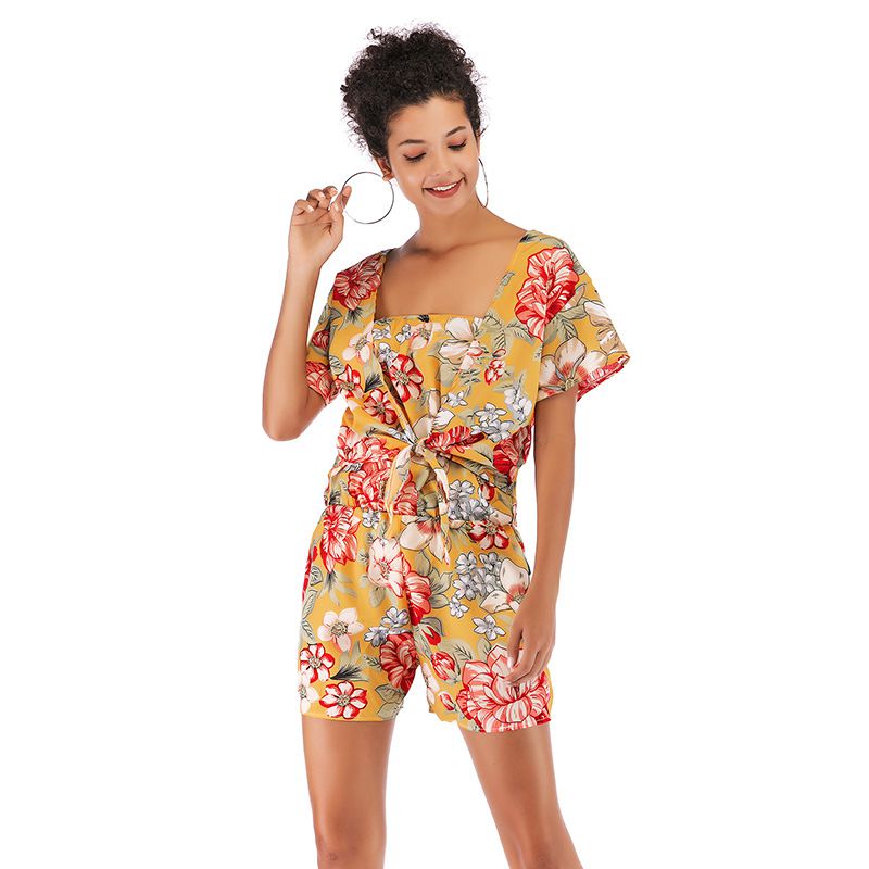 Hot Sale Women Floral Print Short-sleeve Chiffon 2pcs Rompers