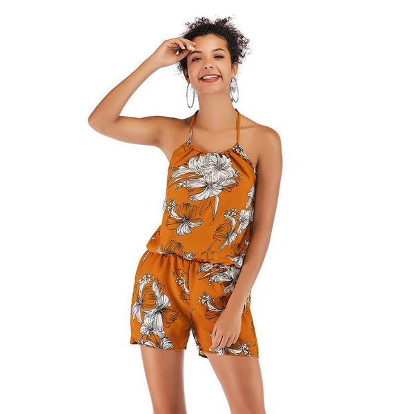 Women Chiffon Fabric Floral Print Loose Pattern Backless Slip Rompers