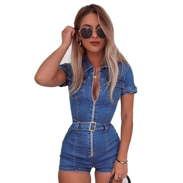 Women New Stylish Street Street Deep V Zip Belt Pocket Bodycon Denim Rompers