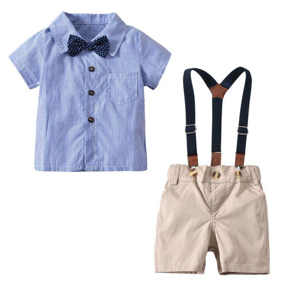 4 Pcs Boy Cotton Stripe Print Shirt And Shorts And Bow Tie Suspender