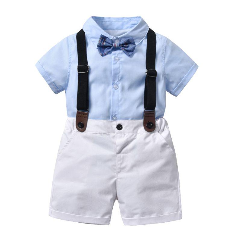 4 Pcs Boy Cotton Blue Shirt And Shorts And Bow Tie Suspender