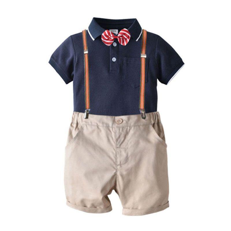 4 Pcs Boy Cotton Polo Shirt And Shorts And Bow Tie Suspender