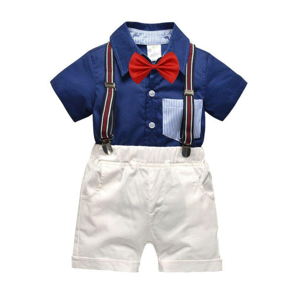 4 Pcs Boy Cotton Shirt And Shorts And Bowtie Suspender