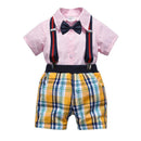 4 Pcs Boy Cotton Shirt And Plaid Print Shorts And Bow Tie Suspender