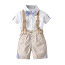 4 Pcs Boy White Shirts And Khaki Short With Bow Tie Suspender