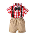 4 Pcs Boy Color Blocking Shirts And Khaki Short With Bowtie Suspender