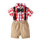 4 Pcs Boy Color Blocking Shirts And Khaki Short With Bow Tie Suspender