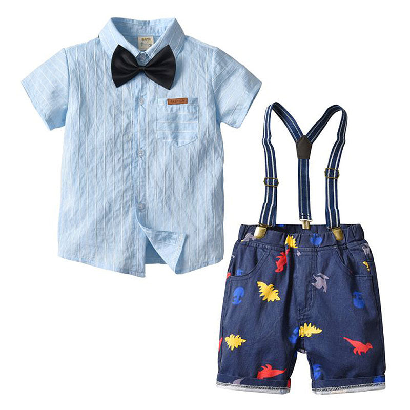 4Pcs Boy Blue Shirts And Cute Shorts With Bow Tie Suspender