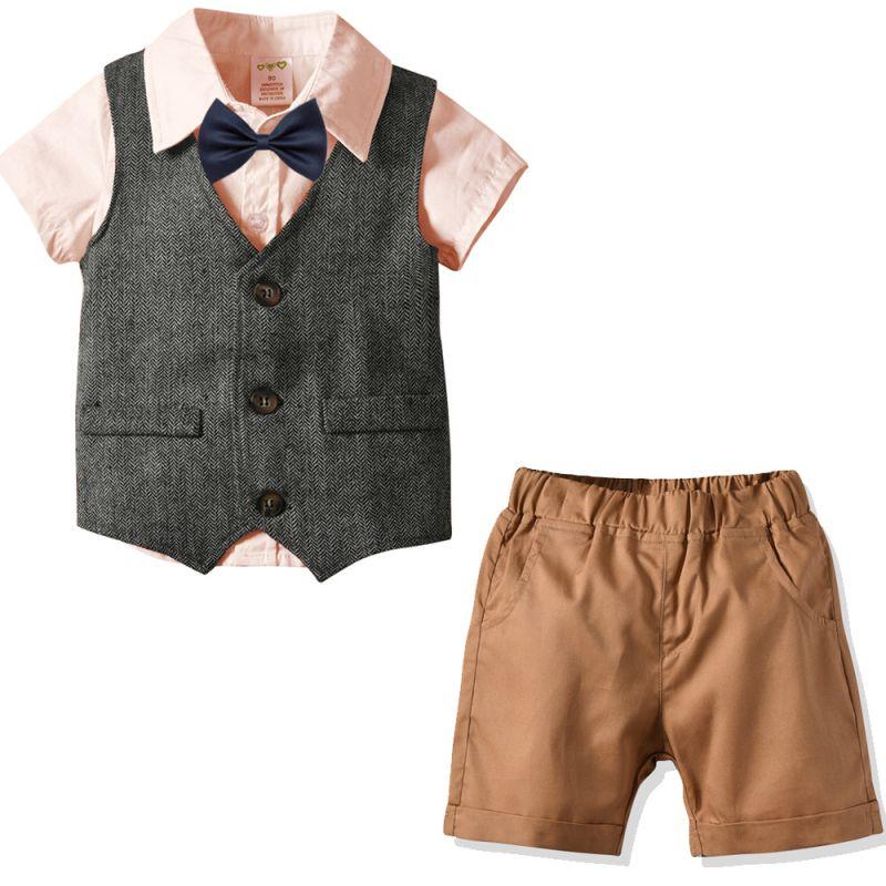 4 Pcs Boy Pink Shirts And Shorts And Vest And Bowtie