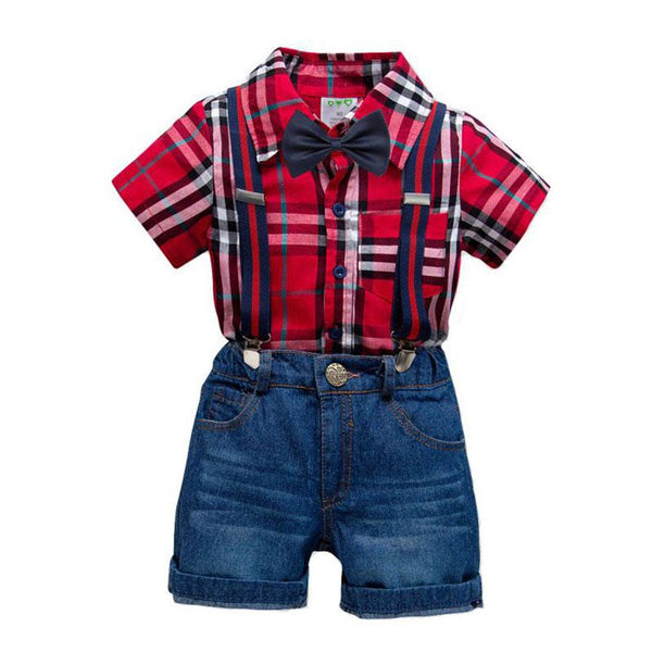 4 Pcs Boy Plaid Print Shirts And Denim Shorts With Bow Tie Suspender