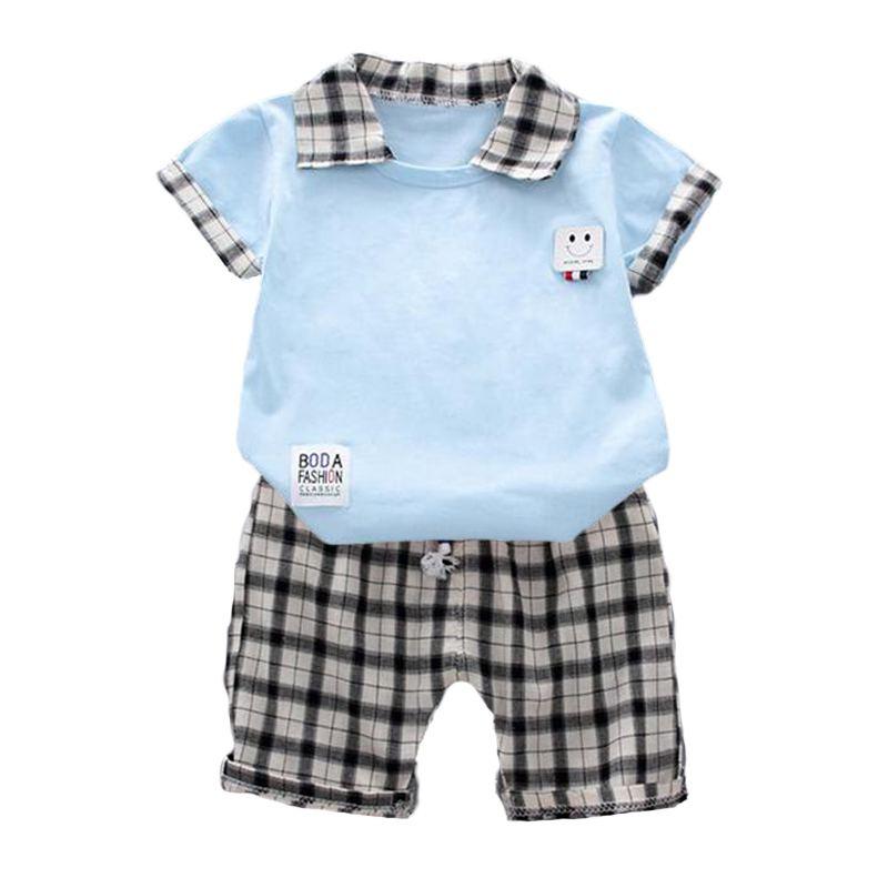 2 Pcs Boy Patchwork Tees And Plaid Print Shorts