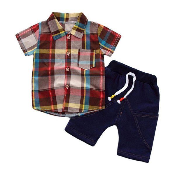 2 Pcs Boy Multicolor Plaid Print Shirts And Shorts