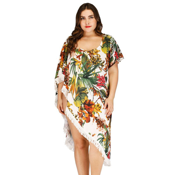 Hot Sale Women Oblique Shoulder Floral Print Patchwork Tassels Beach Cover Up