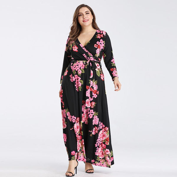 Hot Sale Women Surplice Long-sleeve Defined Waist Floral Print Maxi Dress