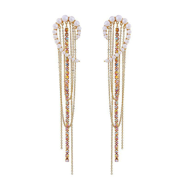 Creative Women Imitation Pearl Long Tassel Rhinestone Party Earrings