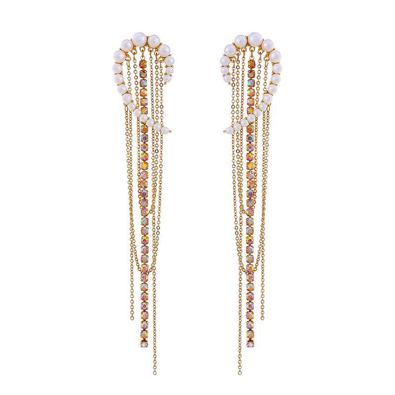 Creative Women Imitation Pearl Long Tassel Rhinestone Party Earrings