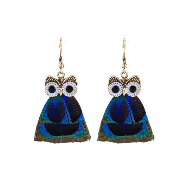 Fashion Cute Owl Design Fan Shape Feather Tassel Earrings