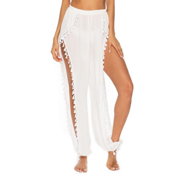 Fashion Bohemian Tassel Side-slit Pattern Women Vacation Pants