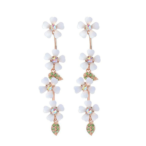 Fresh Flower Design Women Shiny Rhinestone Enameled Metal Earrings