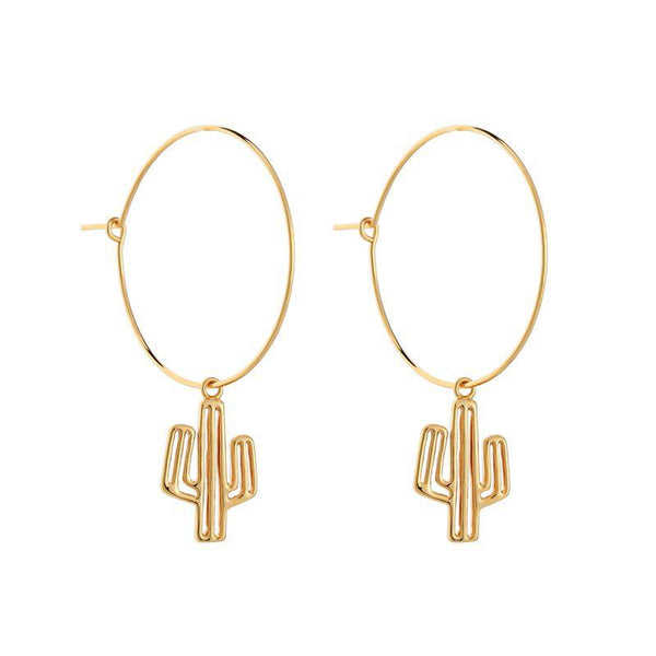 Creative Cactus Design Women Simple Golden Metal Hoop Earrings