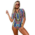 Fashion Zipper Design Padded Women Short-sleeve One-piece Swimwear