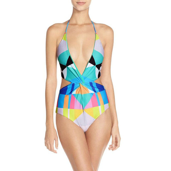 Classical Color Blocking Geometric Printing Design One-piece Swimwear