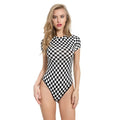 Fashion Checkered Print Round Collar Short-sleeve Stretchy Bodysuits