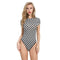 Fashion Checkered Print Round Collar Short-sleeve Stretchy Bodysuits