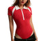 Sexy Lapel Collar Short-sleeve Women Color Blocking Design Bodysuits