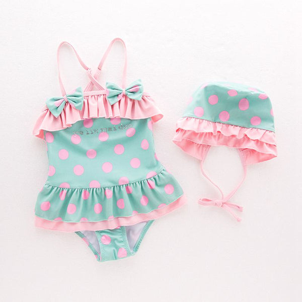 2 Pcs Girl Candy Color Cross Design Swimwear And Cap