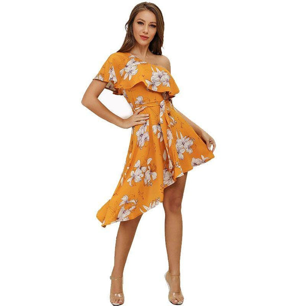 Women Oblique Shoulder Floral Print Irregular Ruffled Dress