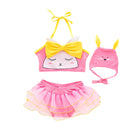 3 Pcs Girl Cartoon Cat Pattern Swimsuit And Bathing Cap