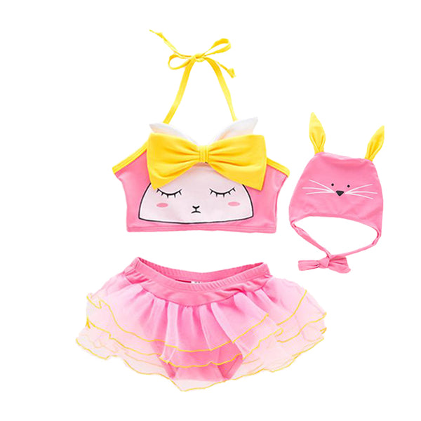 3 Pcs Girl Cartoon Cat Pattern Swimsuit And Bathing Cap