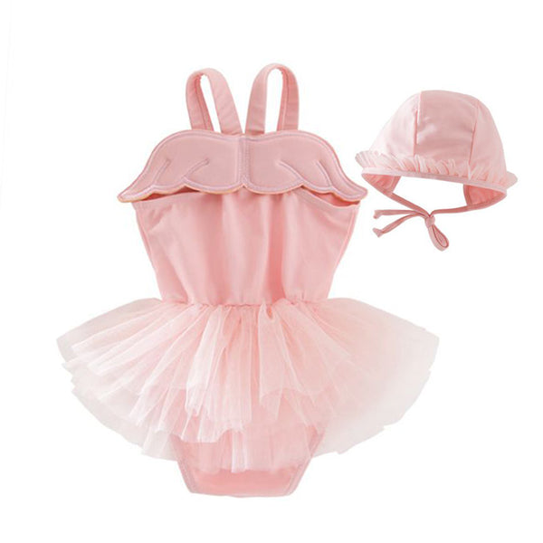 2 Pcs Girl Pink Patchwork Swimwear And Swimming Cap