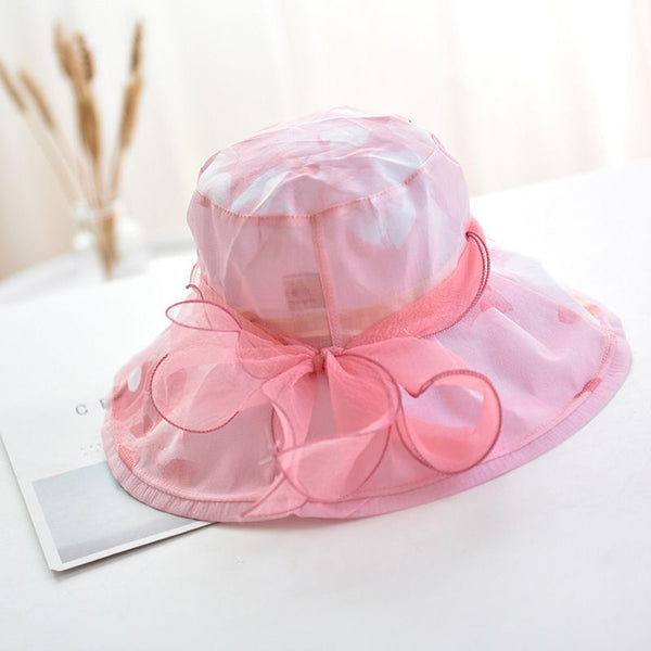 Casual Summer New Design Women Sweet Organza Fabric Bowknot Wide Brim Sun Hat