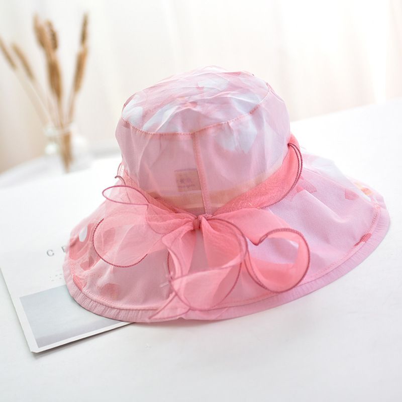 Casual Summer New Design Women Sweet Organza Fabric Bowknot Wide Brim Sun Hat