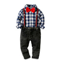 4 Pcs Boys Cotton Plaid Print Shirts And Pants With Suspender And Bowtie