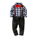 4 Pcs Boys Cotton Plaid Print Shirts And Pants With Suspender And Bow Tie